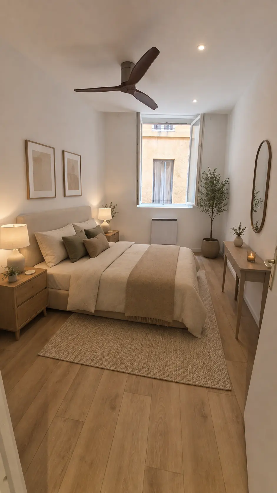 Chambre rénovée aux tons naturels et bois